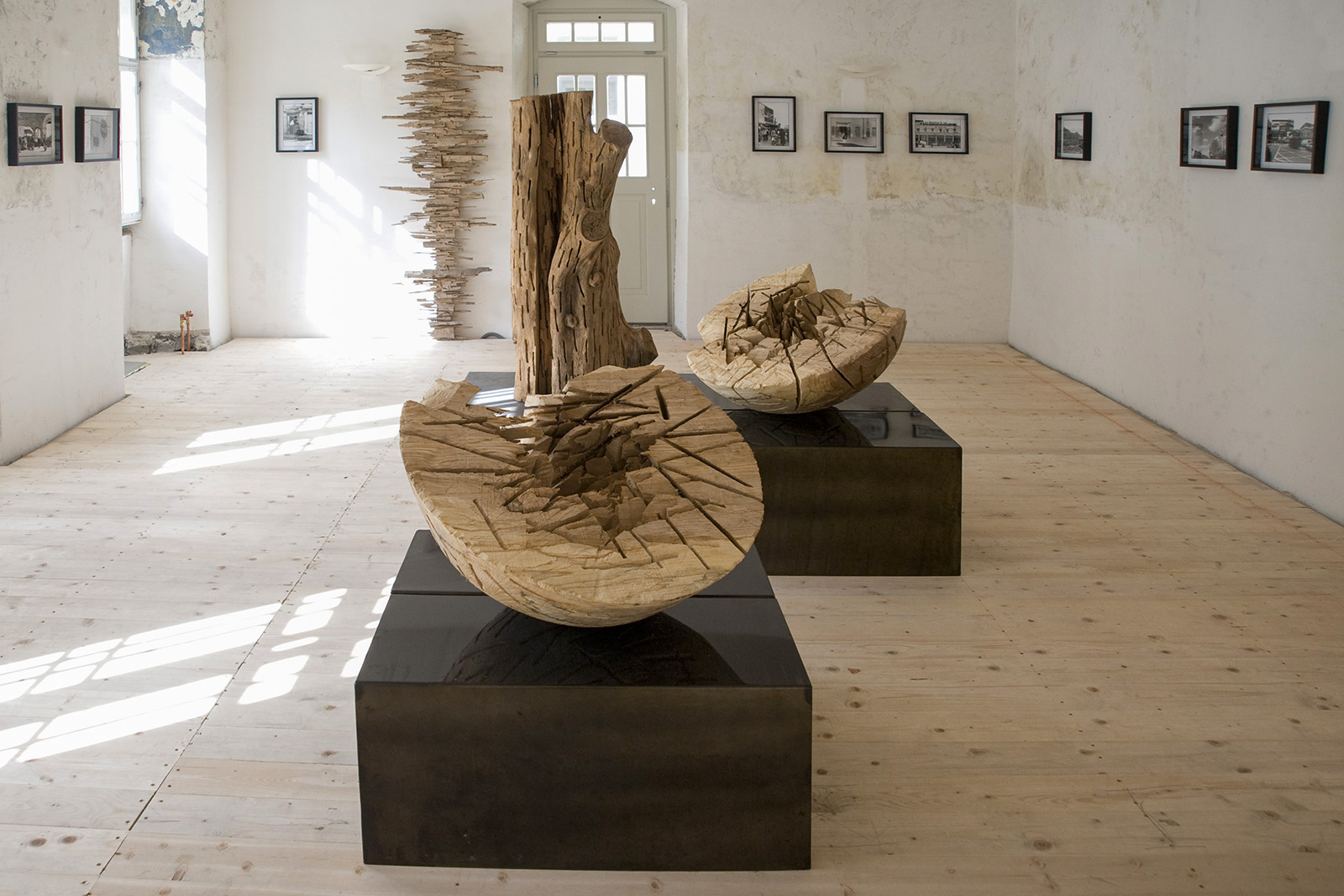 Ausstellung Einschnitte mit Holzobjekten von Karl-Anton Mathis, Fotografien von Annabell Stübe und René Dalpra bei der emsiana
